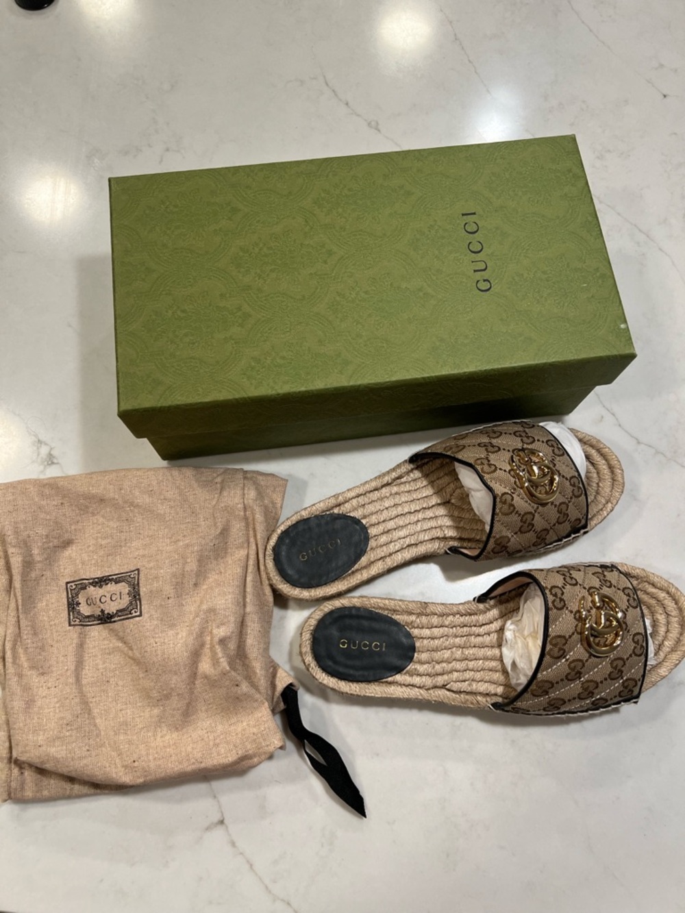 Gucci Brown/Beige GG Canvas Espadrille Slides with Gold Double G - Picture 15 of 16